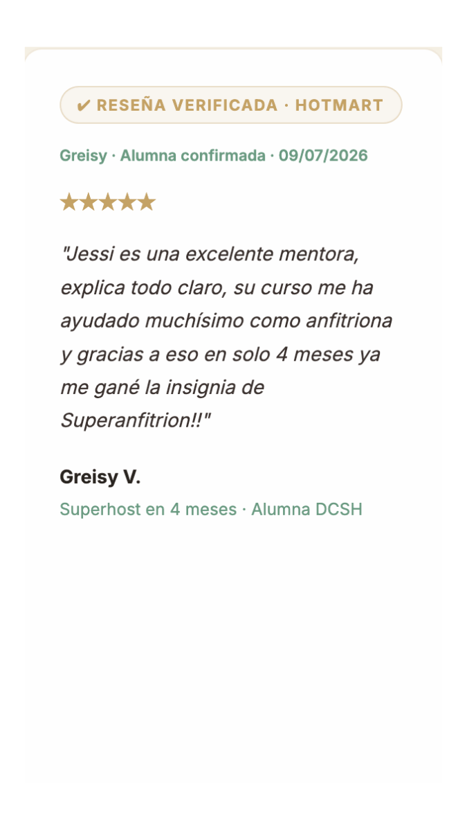 Reseña verificada de Greisy, alumna de De cero a Superhost